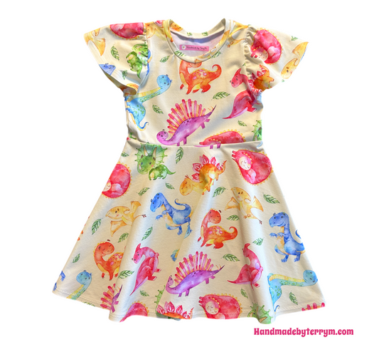 (1496) Colourful Dinosaur Dress (lemon background) - Size 5