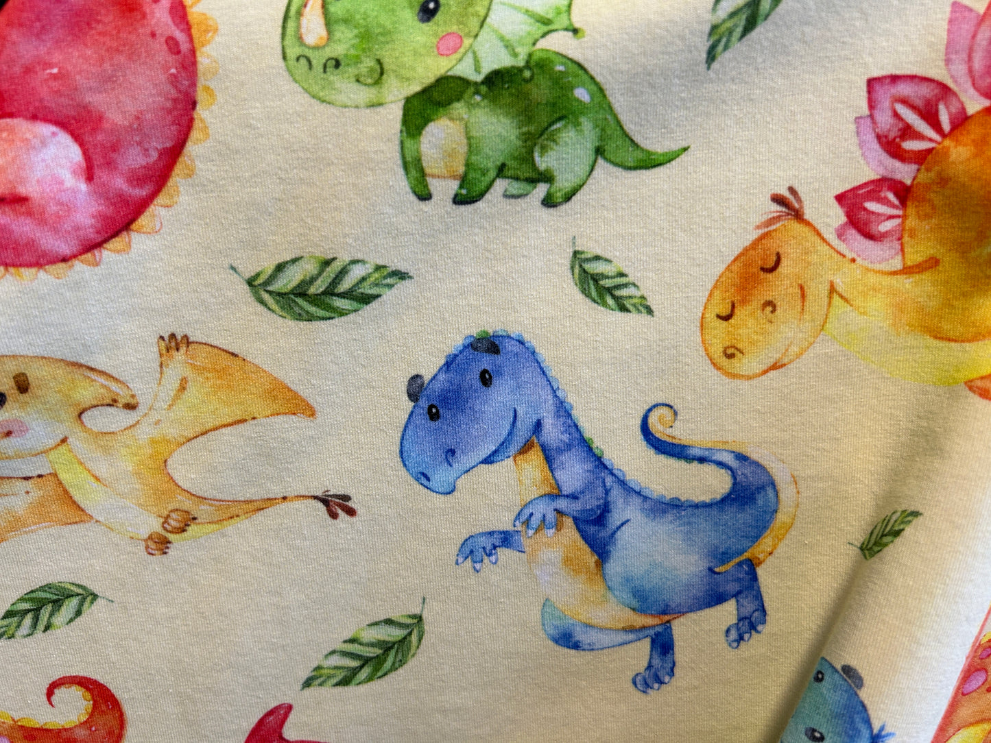 (1496) Colourful Dinosaur Dress (lemon background) - Size 5