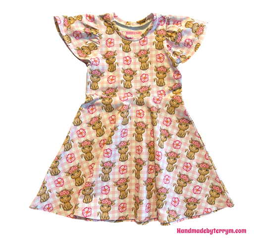 (1497) Pink Highland Cow Dress - Size 5
