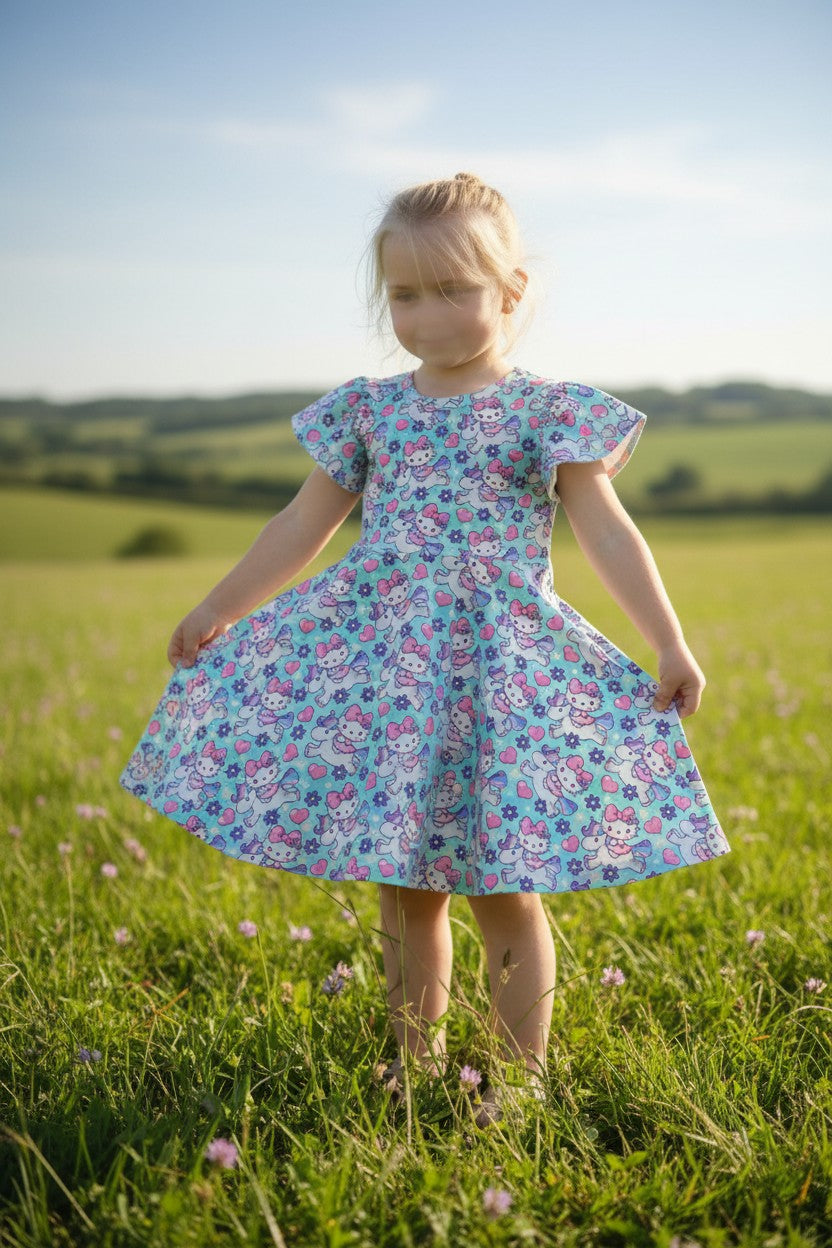 (1603)Blue Horse with Kitty Dress - Size 3