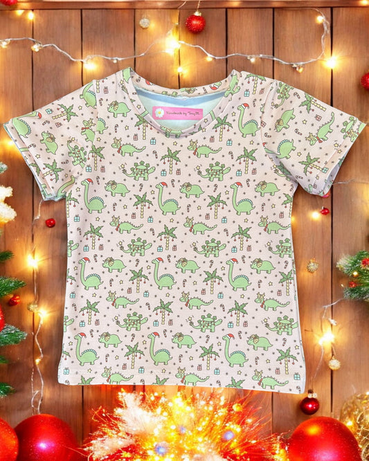 Pink & Green Xmas Dinosaurs T-Shirt - Size 2