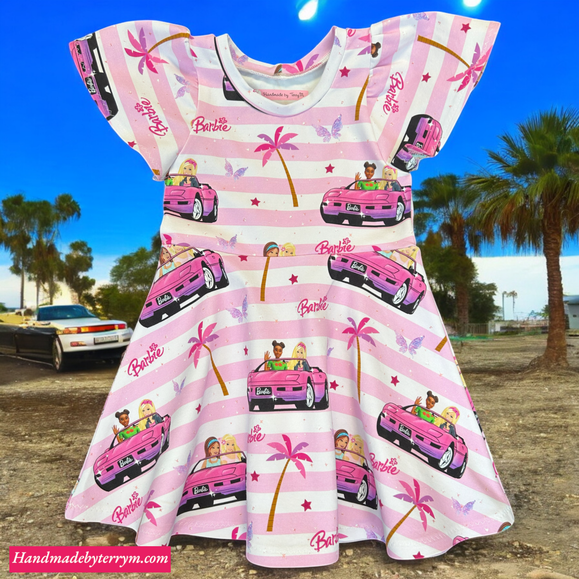 Pink car girls dress – size 2”
“Handmade vehicle skater dress”
