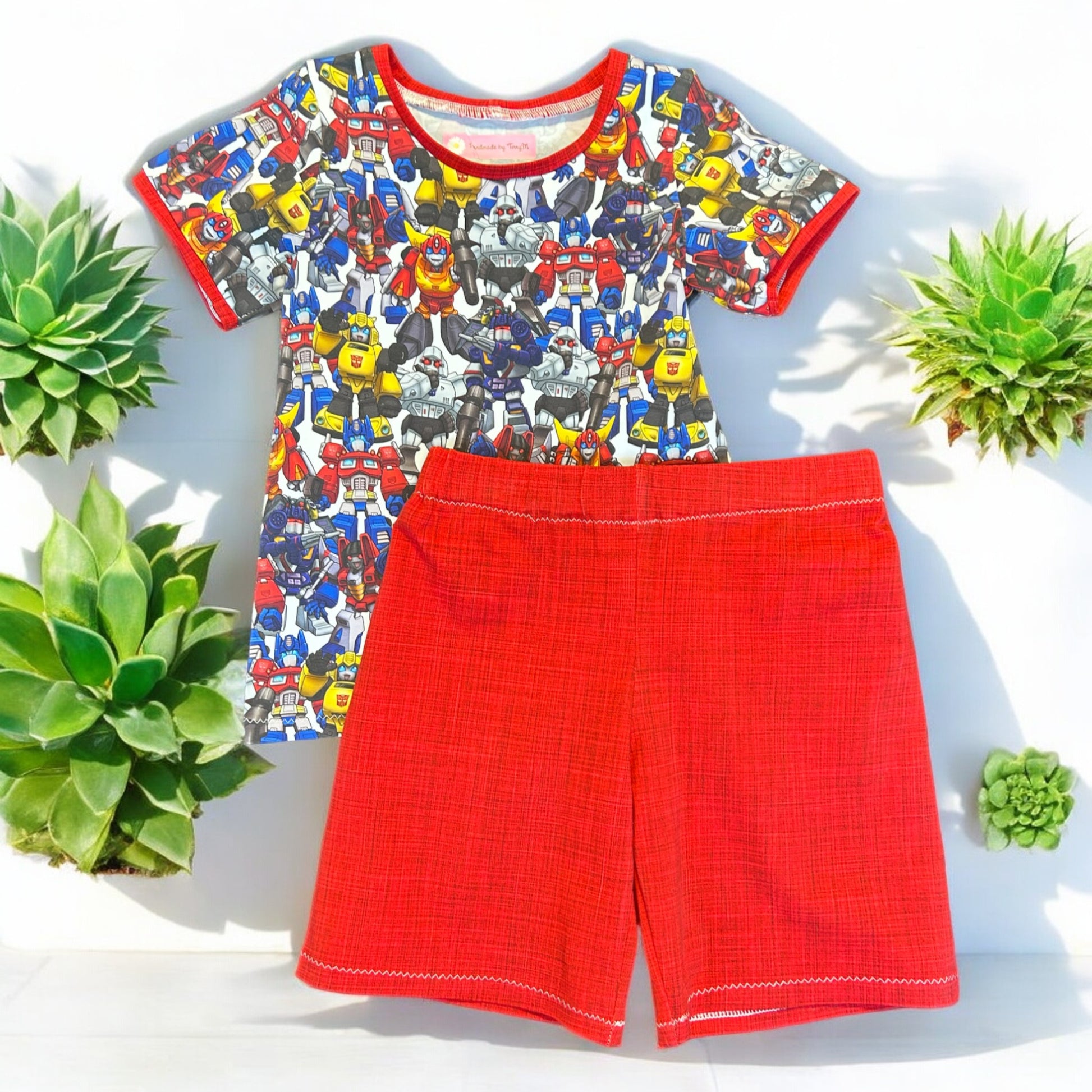 Robot kids outfit – size 4
Handmade robot T shirt and shorts set
