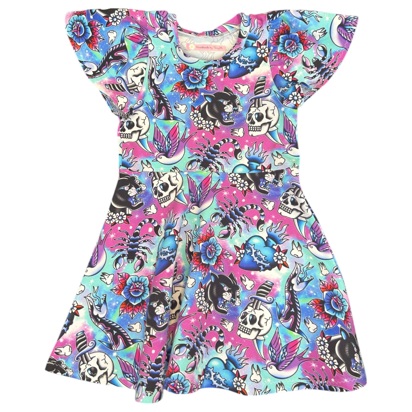 Purple tattoo skull girls dress – size 3”
“Handmade edgy skater dress”
