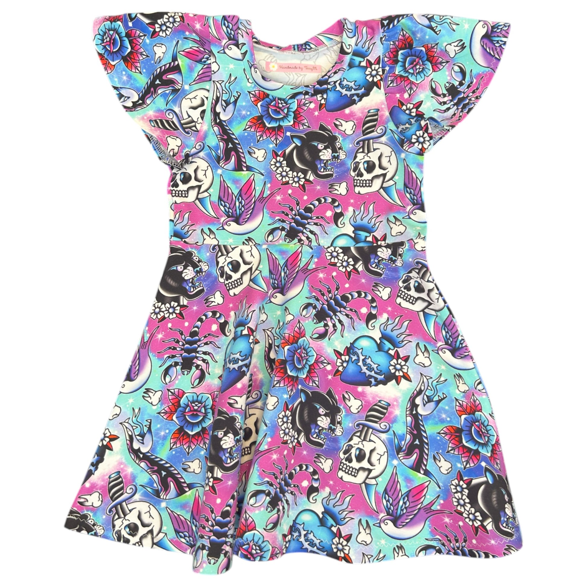 Purple tattoo skull girls dress – size 3”
“Handmade edgy skater dress”
