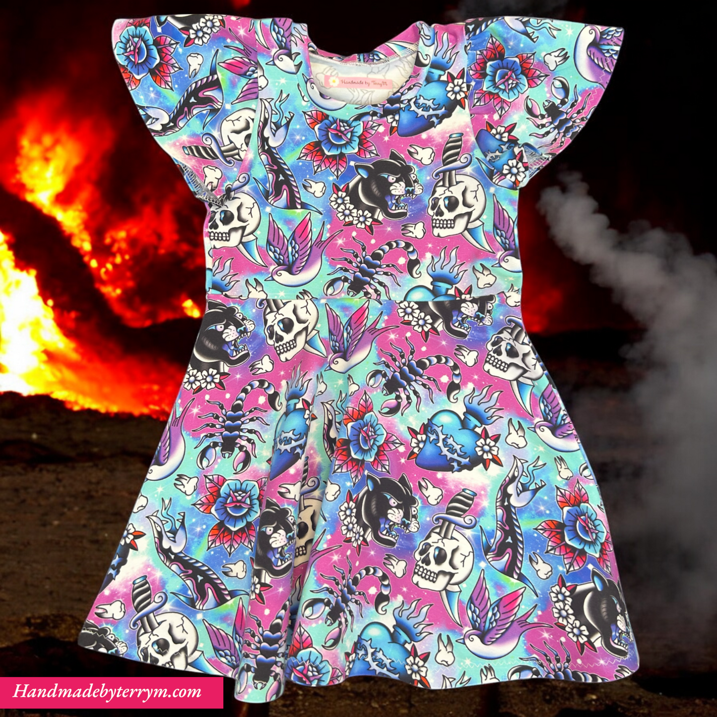 Purple tattoo skull girls dress – size 3”
“Handmade edgy skater dress”
