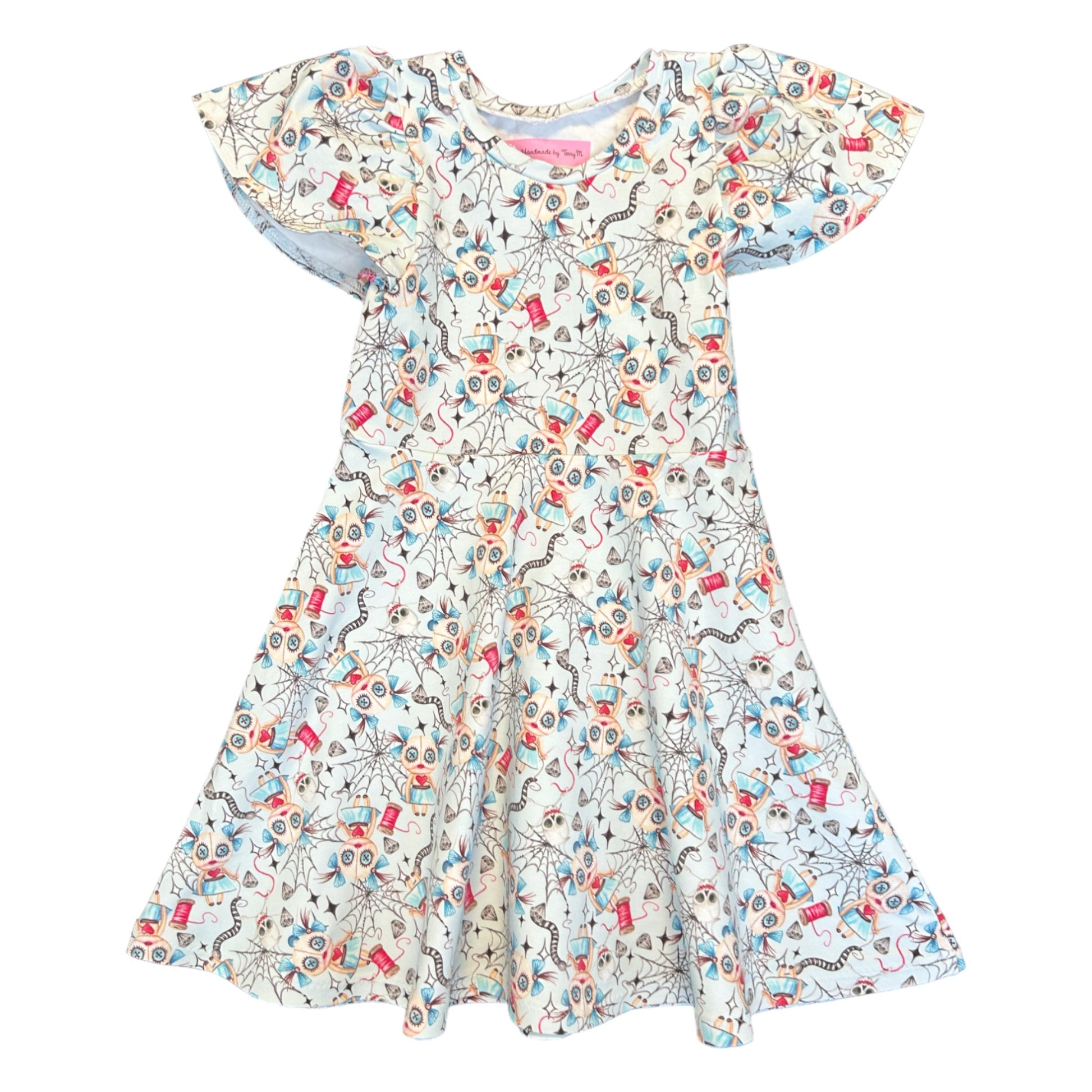 Voodoo doll girls dress – size 5
Handmade quirky skater dress for kids