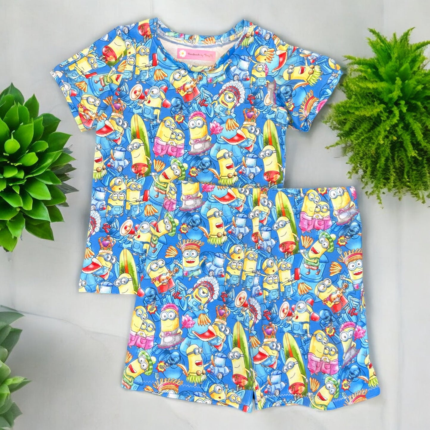 Yellow character kids outfit – size 4
Handmade cartoon T shirt and shorts set