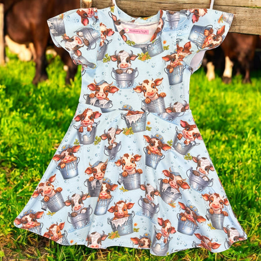 Cows in Buckets (blue background) Dress - Size 4