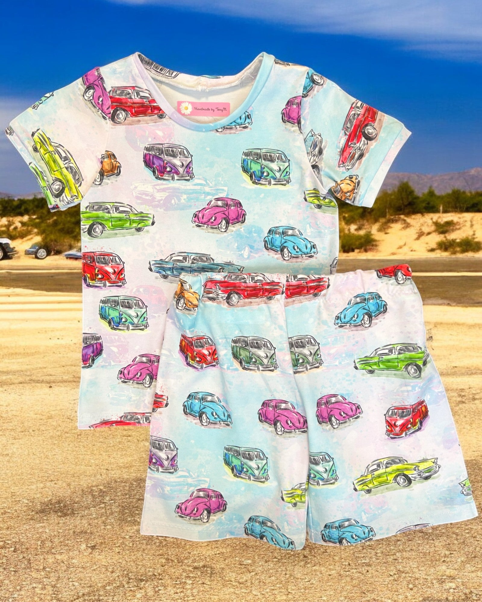 Coloured cars kids outfit – size 4
Handmade vehicle T shirt and shorts set
