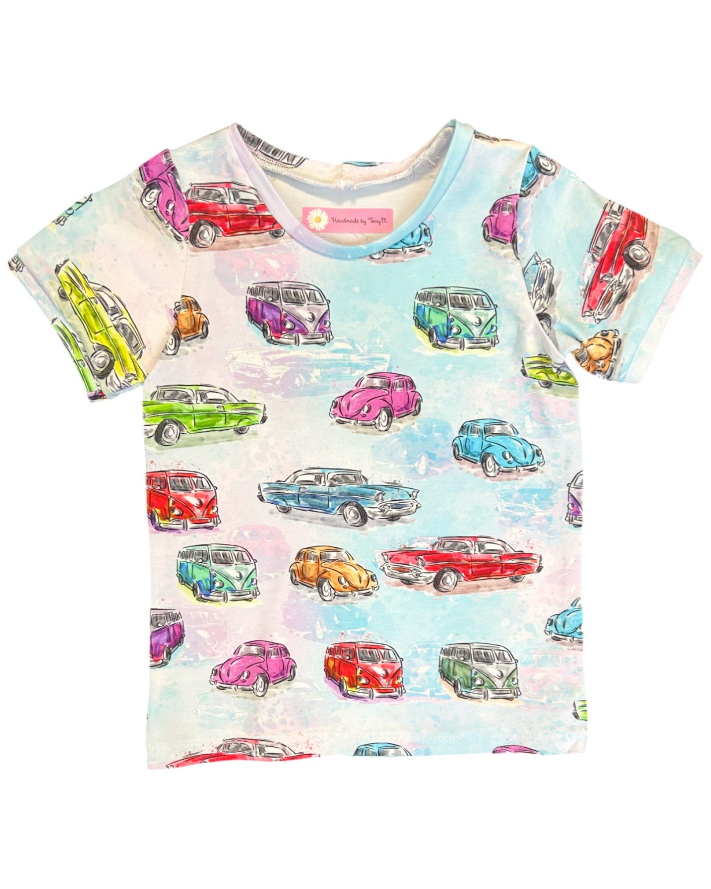 Coloured cars kids outfit – size 4
Handmade vehicle T shirt and shorts set
