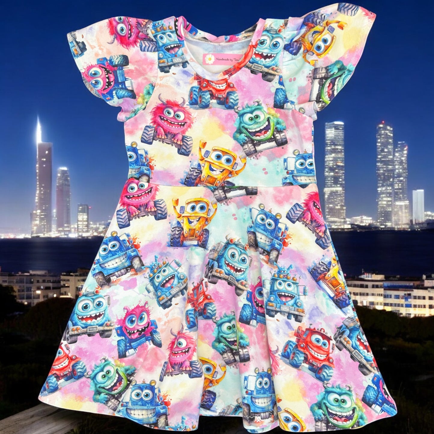 Truck print girls dress – size 4
Handmade colourful skater dress
