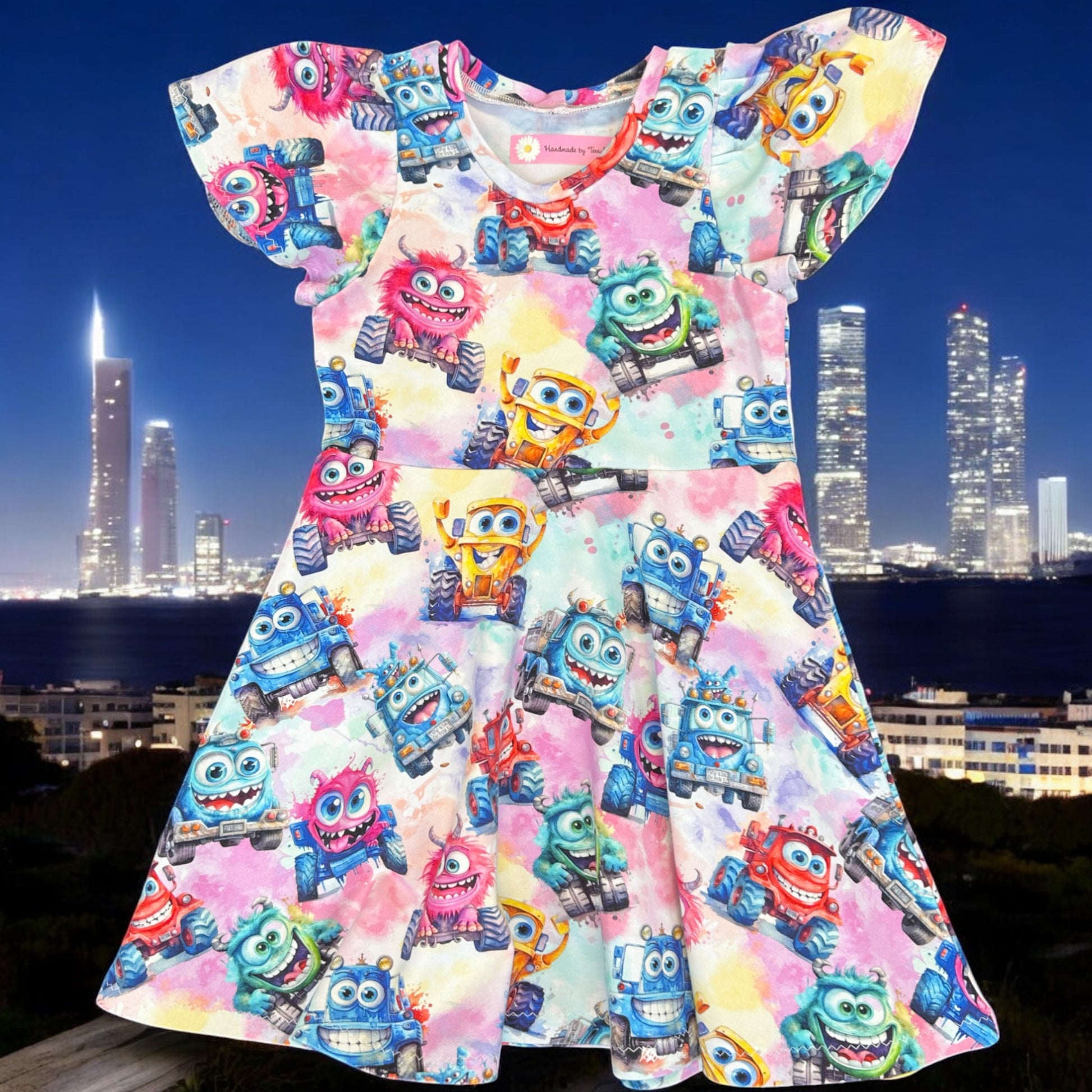 Truck print girls dress – size 4
Handmade colourful skater dress
