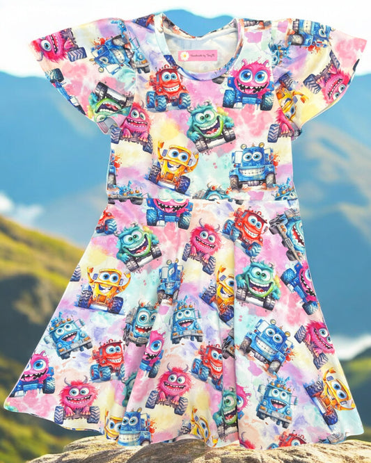 Truck print girls dress – size 6
Handmade colourful skater dress
