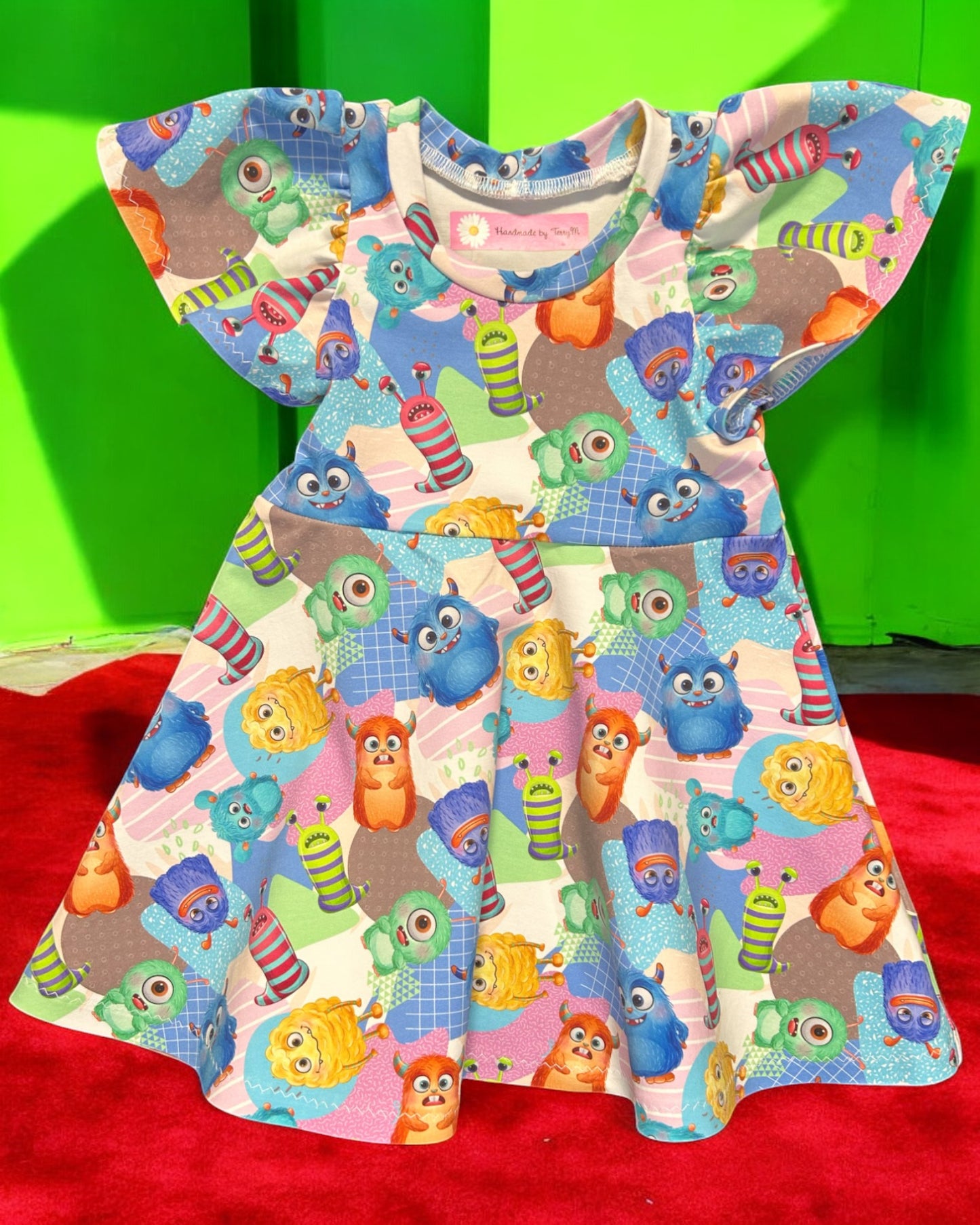 Cute monster baby dress – size 1
Handmade colourful monster skater dress
