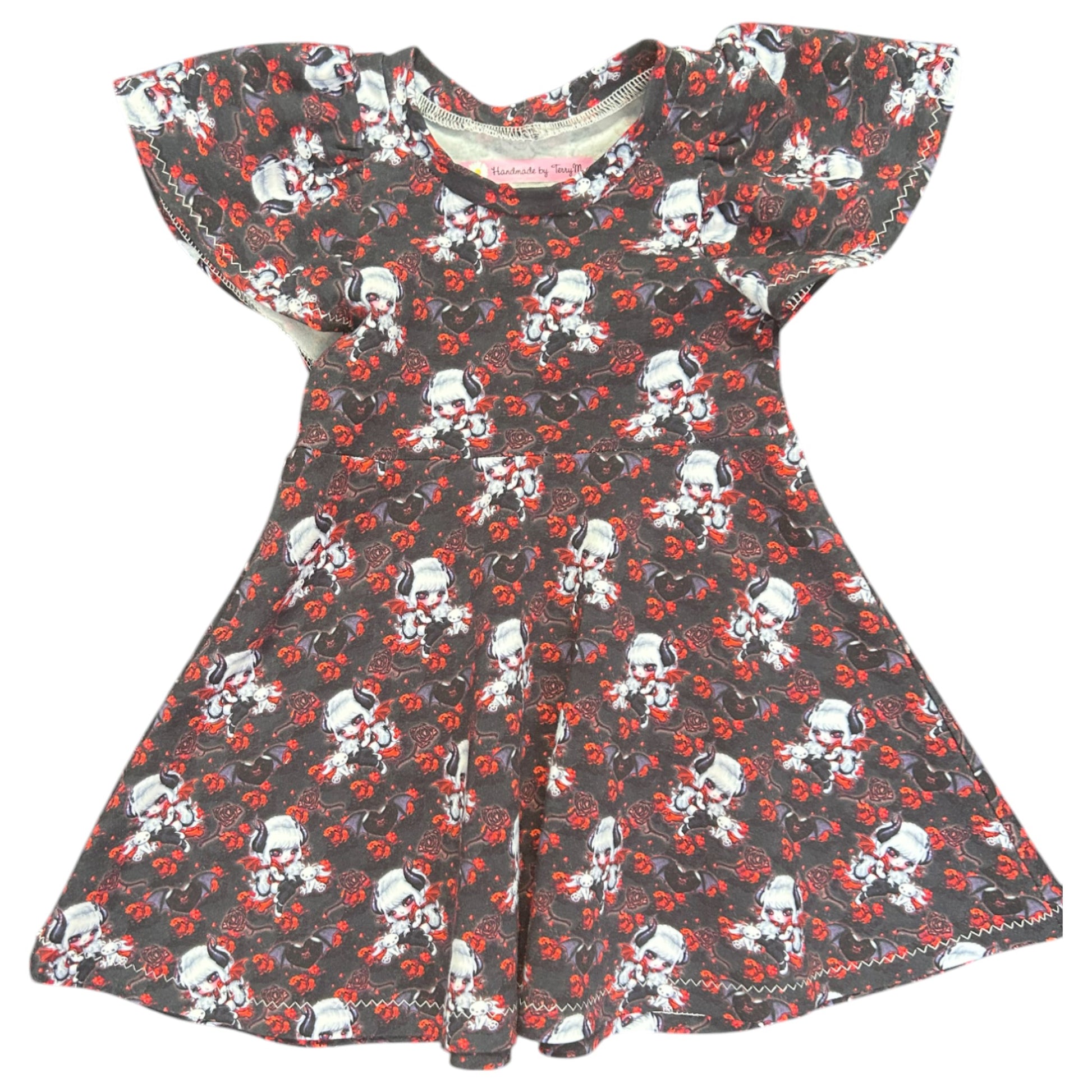Devil girl baby dress – size 1
Handmade quirky black heart skater dress
