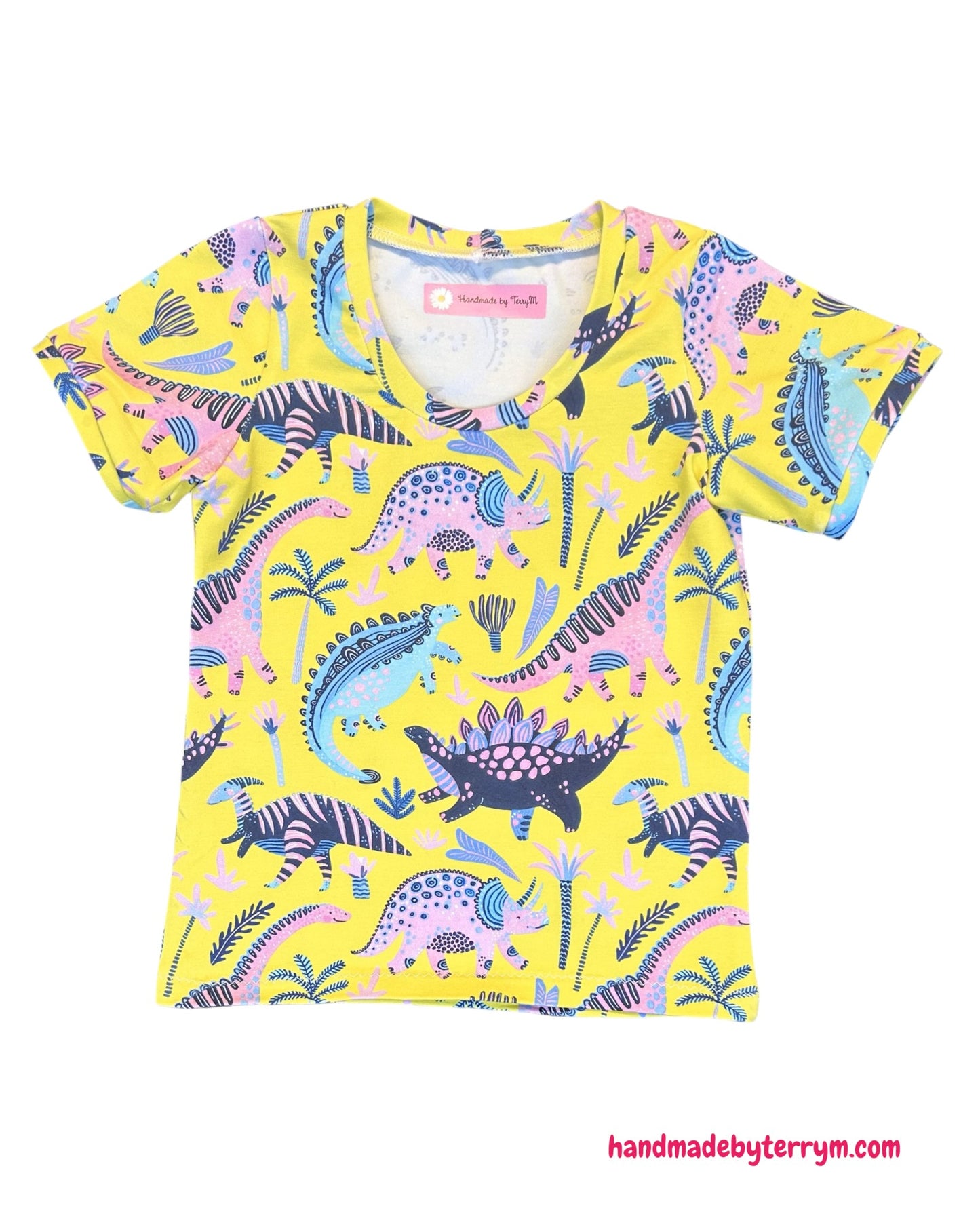 Blue & Pink Dinosaur Tshirt (yellow background) - Size 3