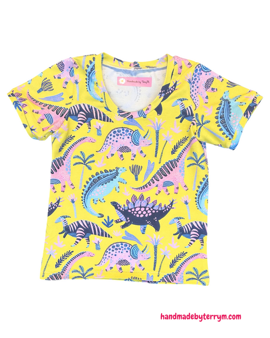 Blue & Pink Dinosaur Tshirt (yellow background) - Size 3