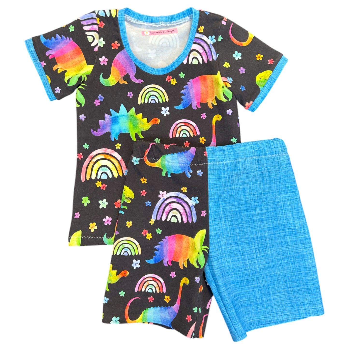 Rainbow dinosaur kids outfit – size 3”
“Handmade colourful dino T shirt and shorts set”
