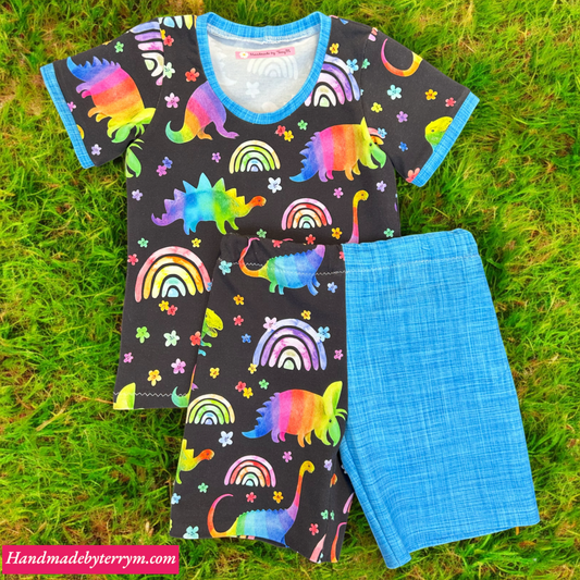 Rainbow dinosaur kids outfit – size 3”
“Handmade colourful dino T shirt and shorts set”
