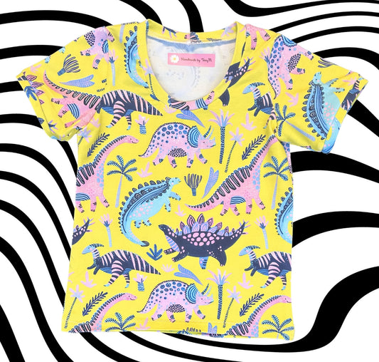 Blue & Pink Dinosaur Tshirt (yellow background) - Size 3