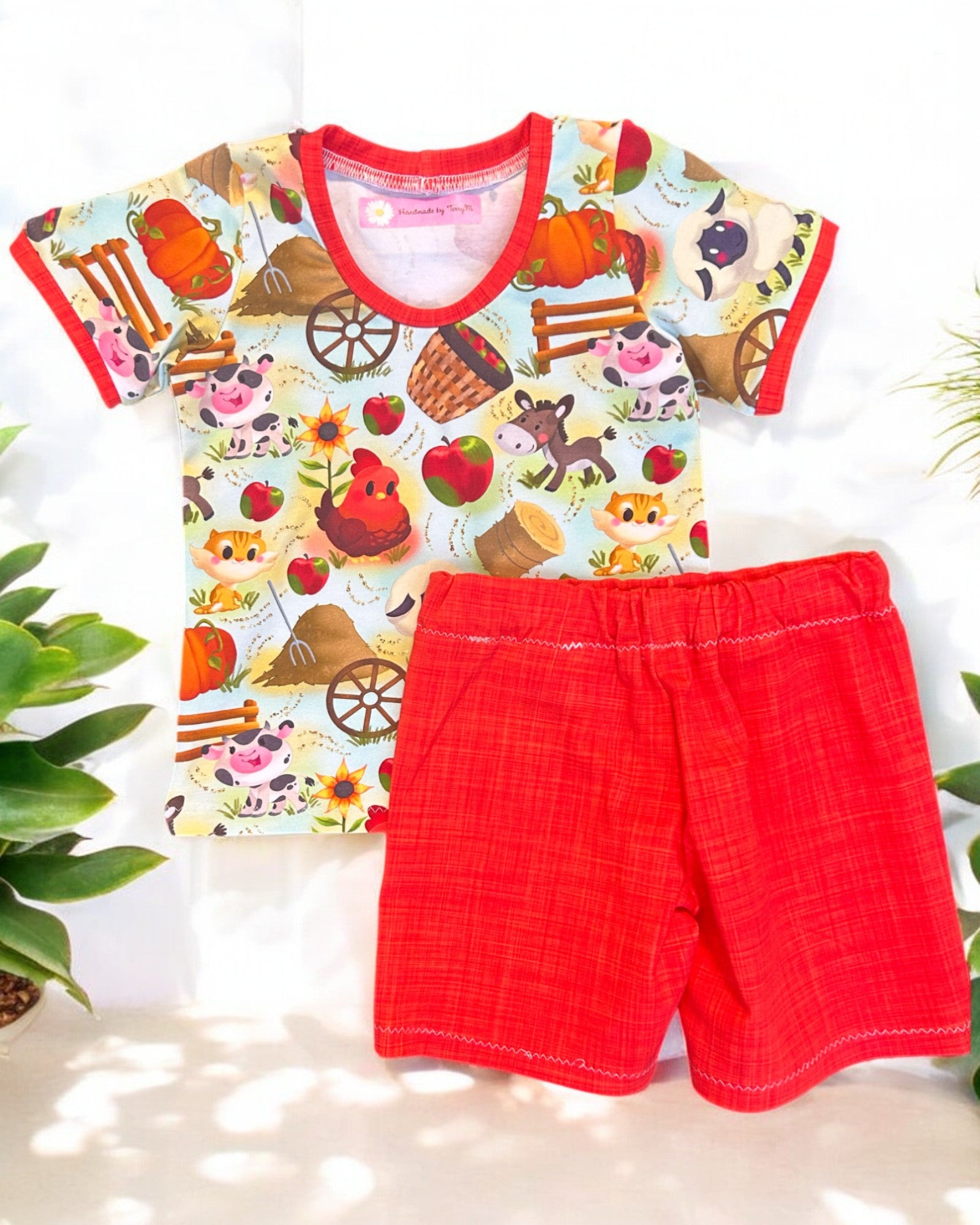 Farm animals baby outfit – size 1
Handmade barnyard T shirt and shorts set

