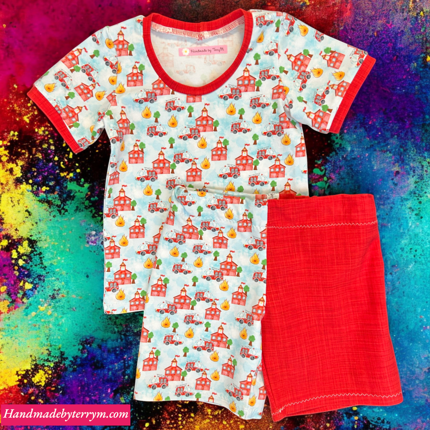 “Fire engine toddler outfit – size 2”
“Handmade fire house T shirt and shorts set”
