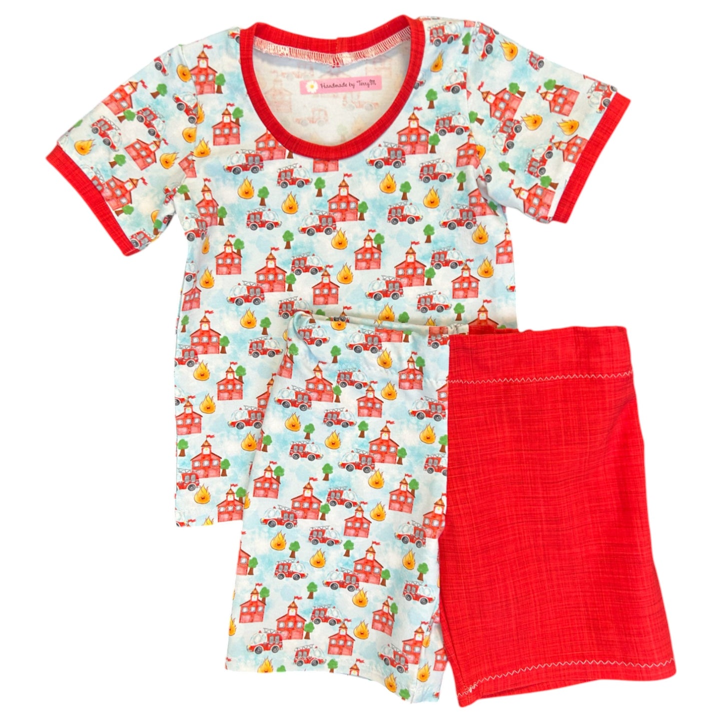 “Fire engine toddler outfit – size 2”
“Handmade fire house T shirt and shorts set”
