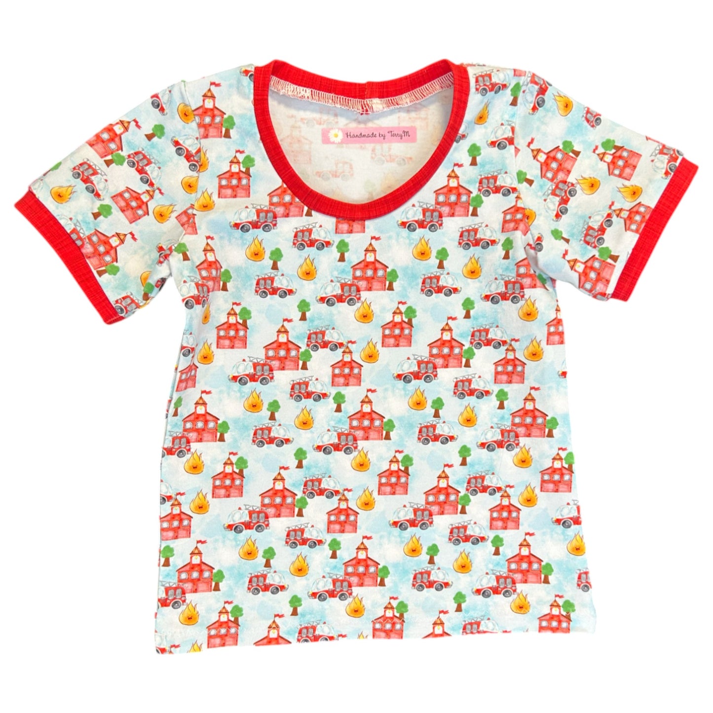 “Fire engine toddler outfit – size 2”
“Handmade fire house T shirt and shorts set”
