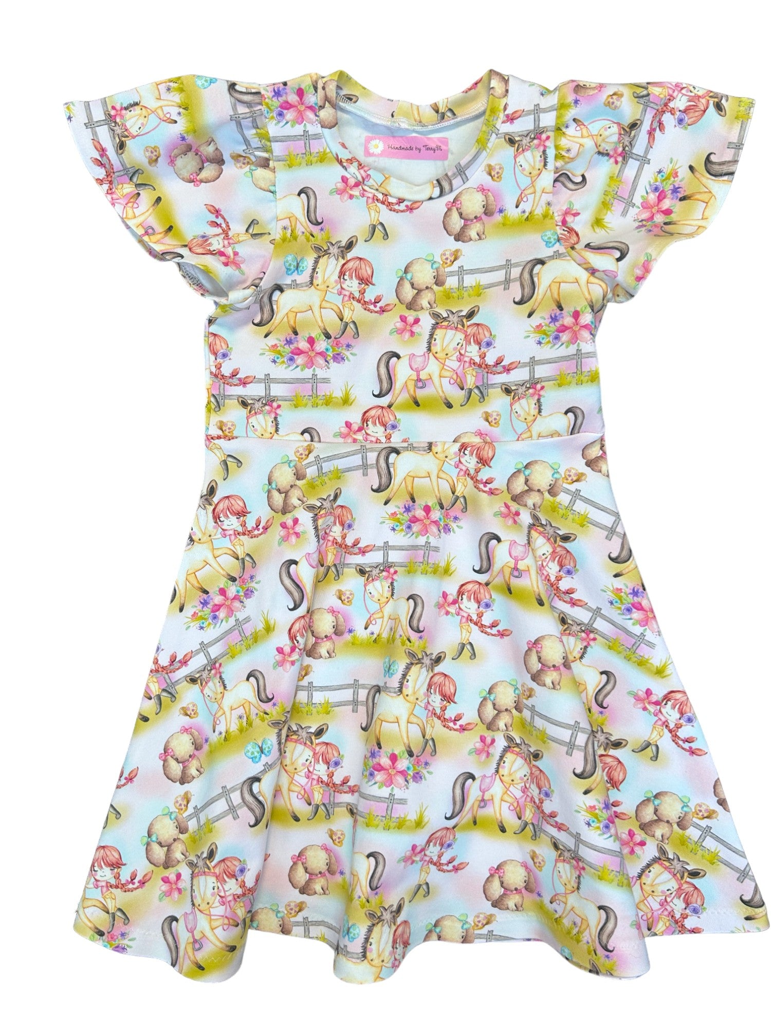 “Girl and pony print girls dress – size 5”
“Handmade animal skater dress for kids”