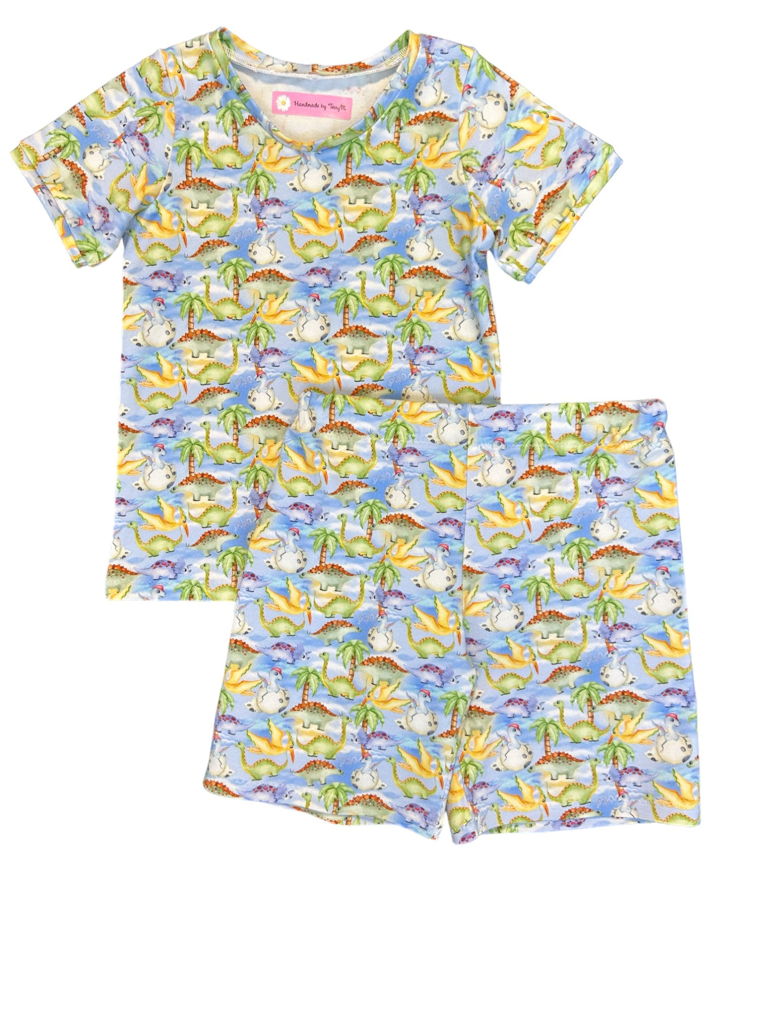 Tropical dinosaur kids outfit – size 4.
Handmade dino T shirt and shorts set