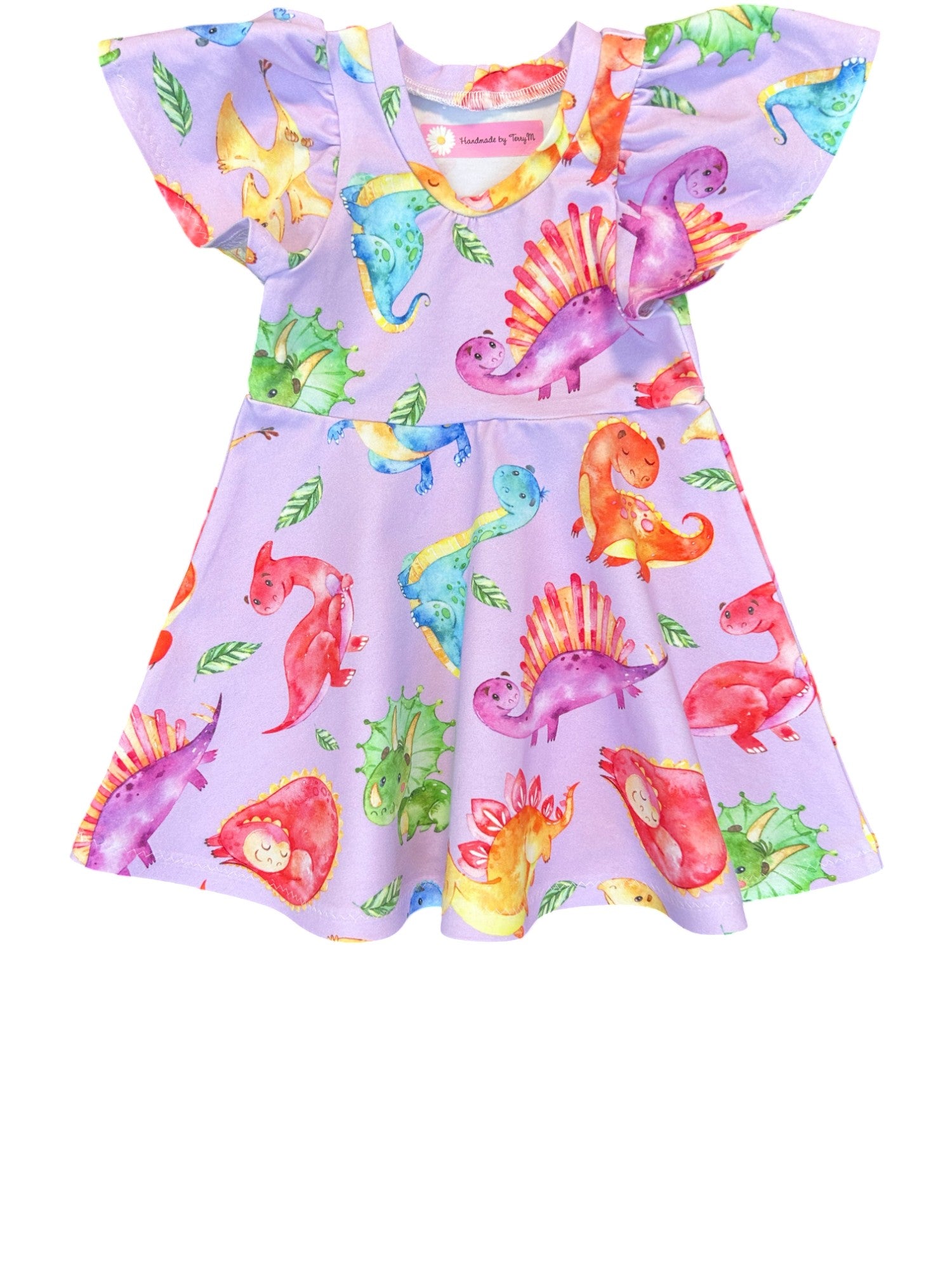 Lilac dinosaur baby dress – size 1
Handmade colourful dino skater dress
