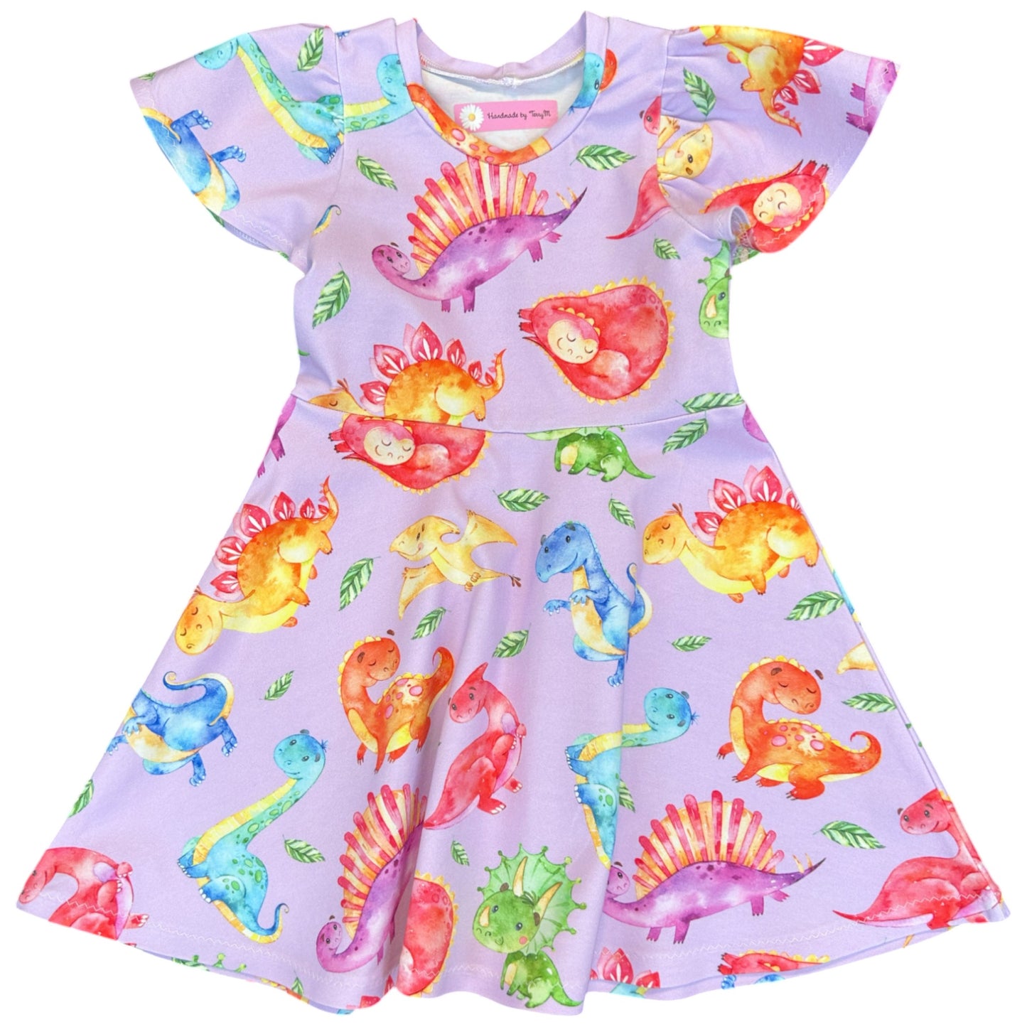 Lilac dinosaur girls dress – size 4
Handmade colourful dino skater dress
