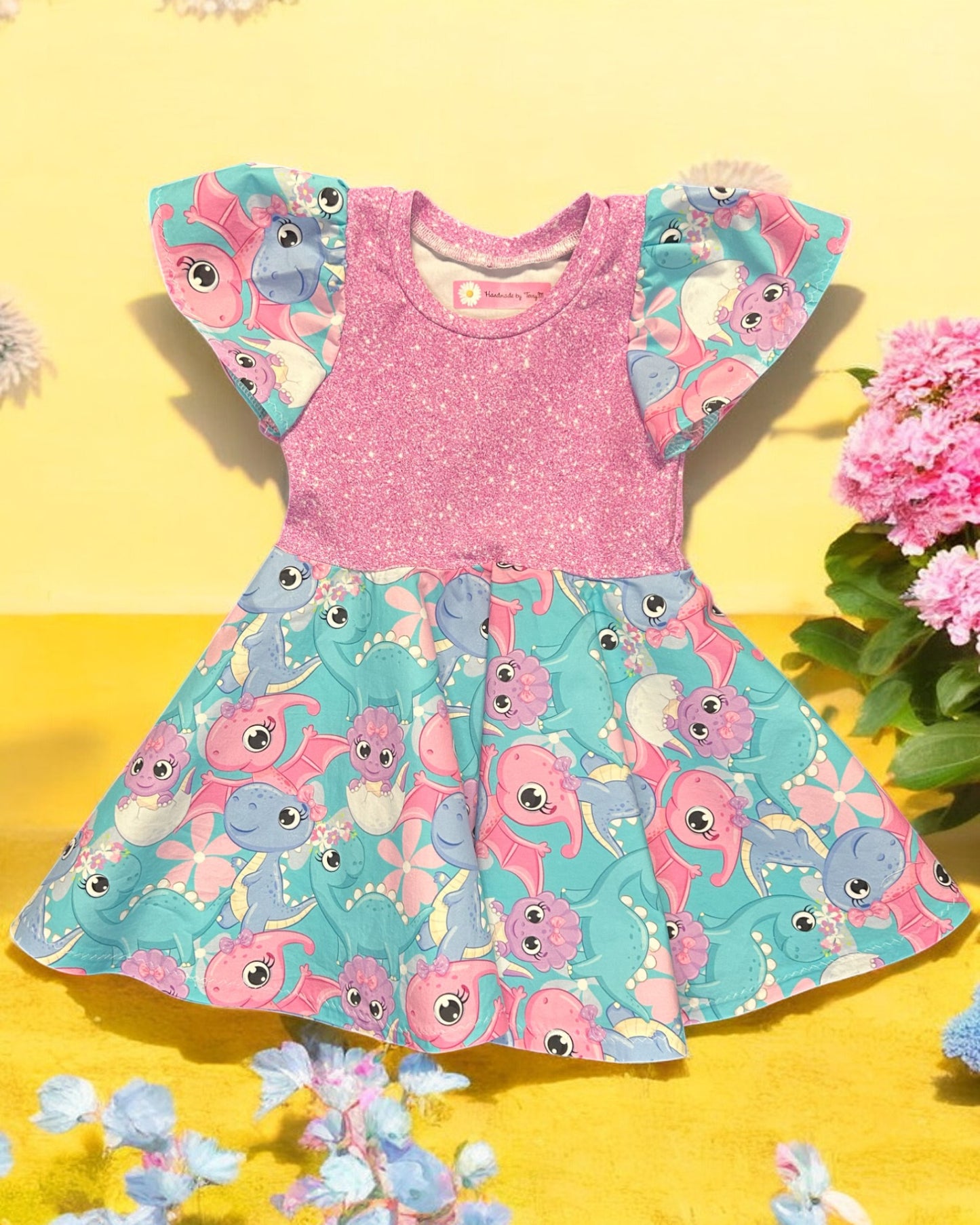 Pink & Blue Dinosaur Dress - Size 2