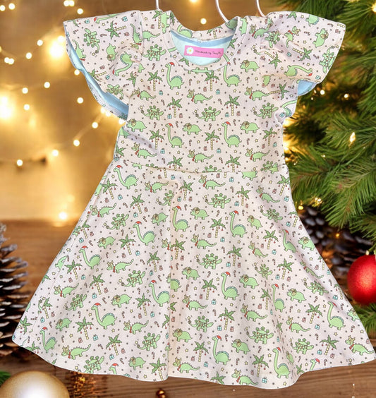 Pink & Green Christmas Dinosaur Dress - Size 3