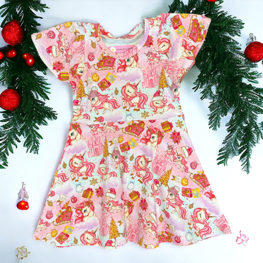 Pink Christmas Unicorn Dress - Size 2