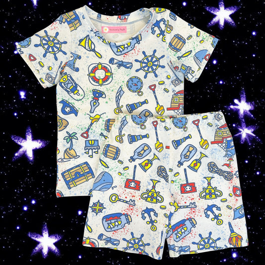 Pirate kids outfit – size 5
Handmade pirate T shirt and shorts set
