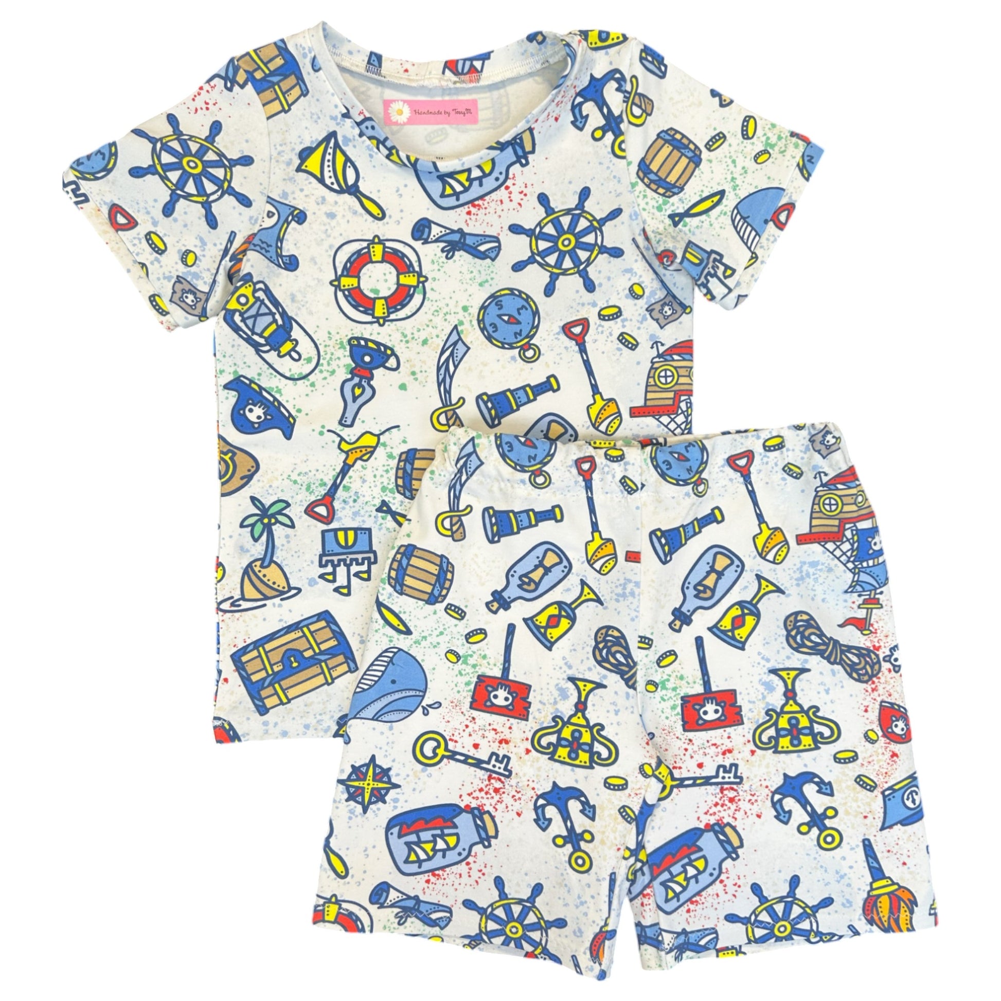 Pirate kids outfit – size 5
Handmade pirate T shirt and shorts set
