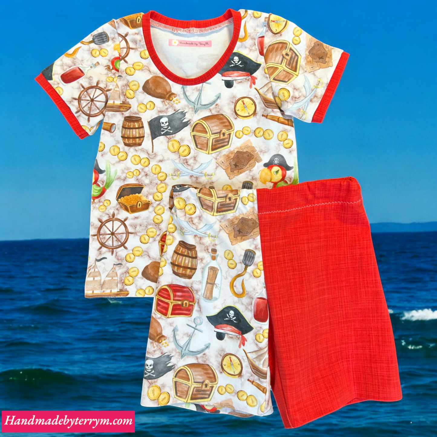 “Pirate toddler outfit – size 3”
“Handmade pirate T shirt and shorts set”
