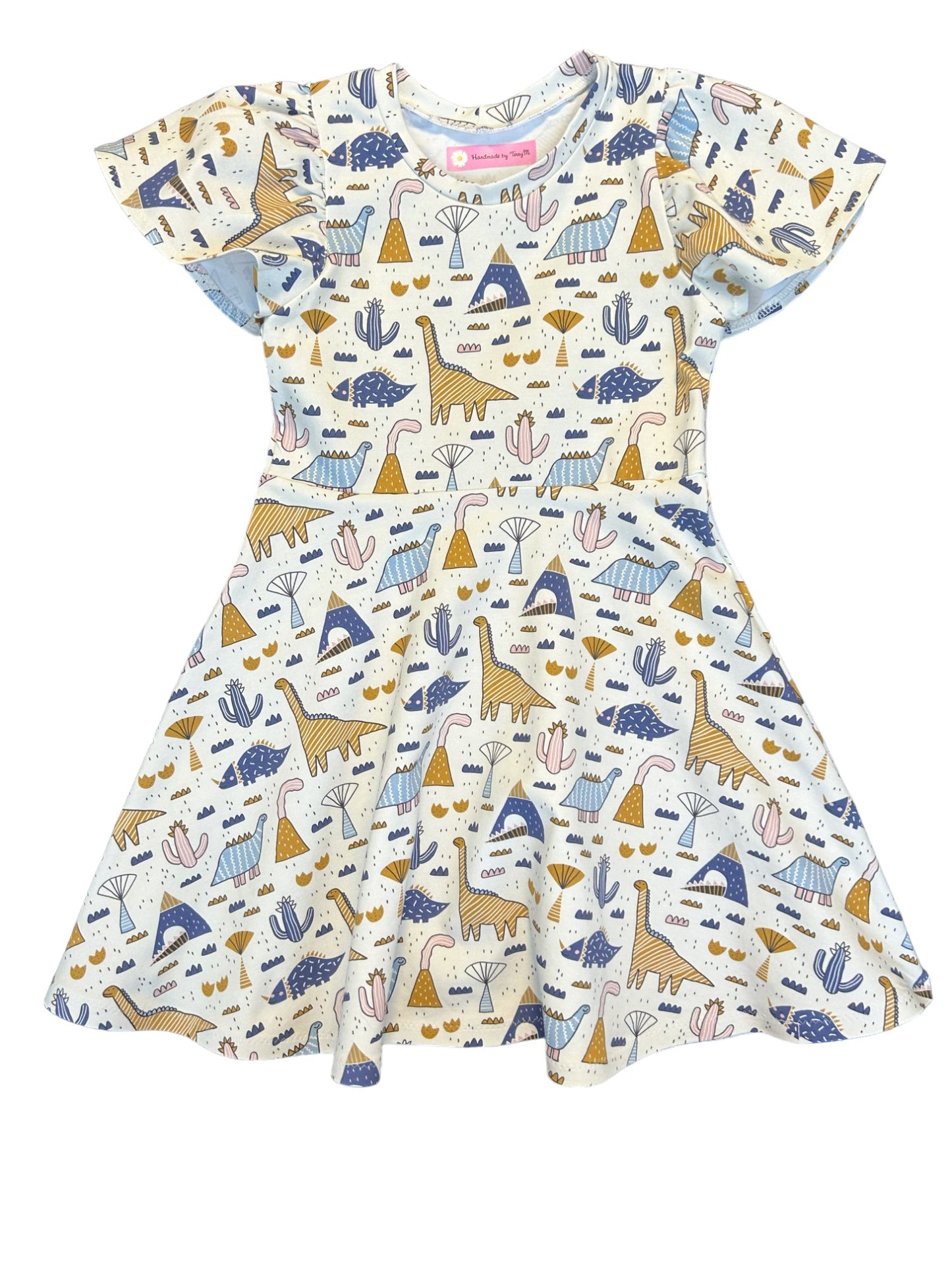 Scandi dinosaur girls dress – size 6”
“Handmade blue dino skater dress”

