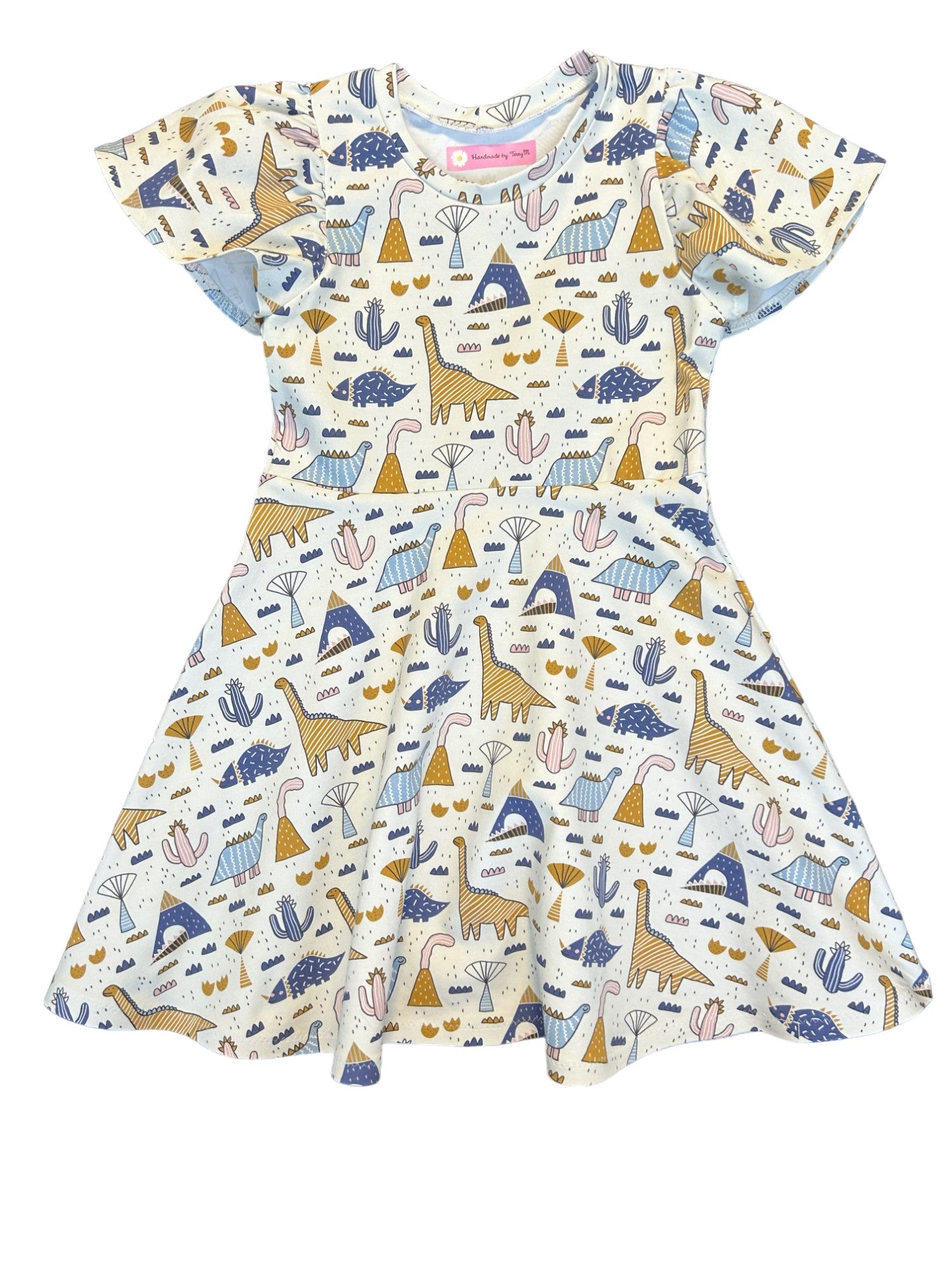 Scandi dinosaur girls dress – size 6”
“Handmade blue dino skater dress”
