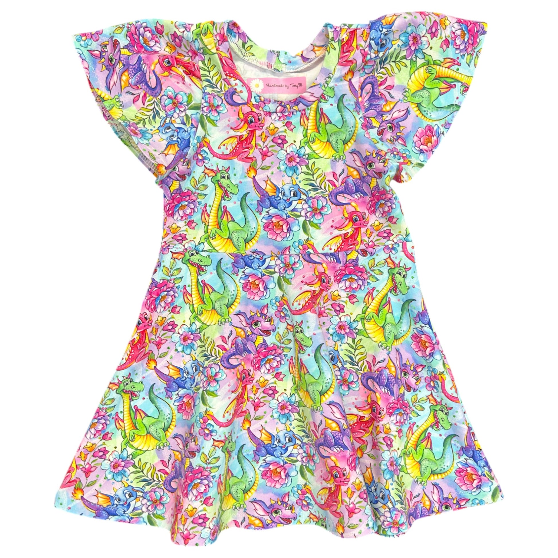 Rainbow dragon girls dress – size 2
Handmade colourful dragon skater dress
