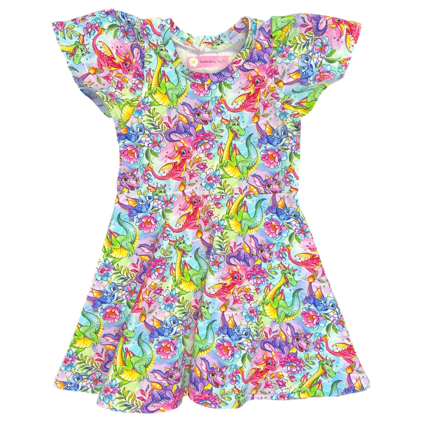 Colourful dragon girls dress – size 4
Handmade rainbow dragon skater dress
