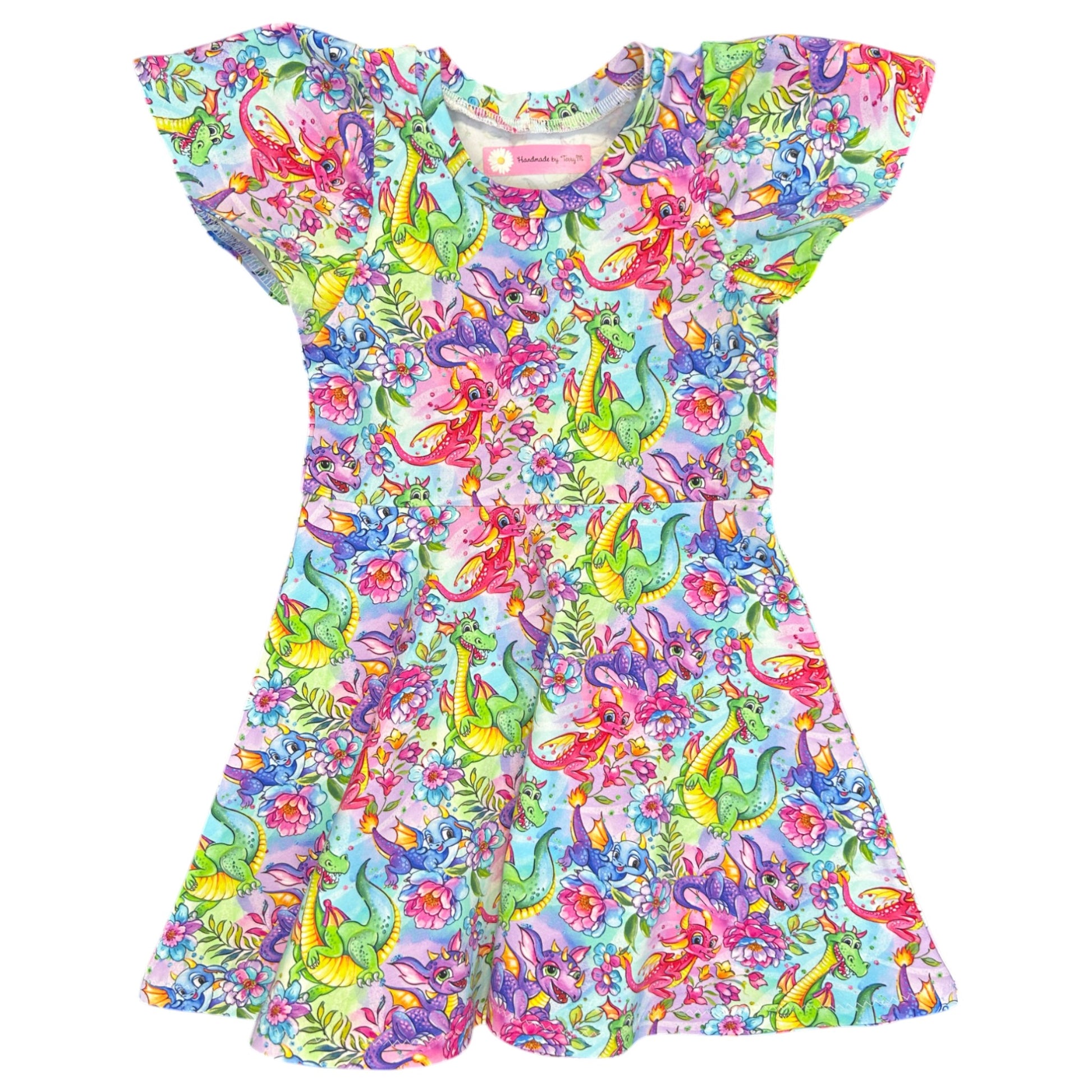 Colourful dragon girls dress – size 4
Handmade rainbow dragon skater dress
