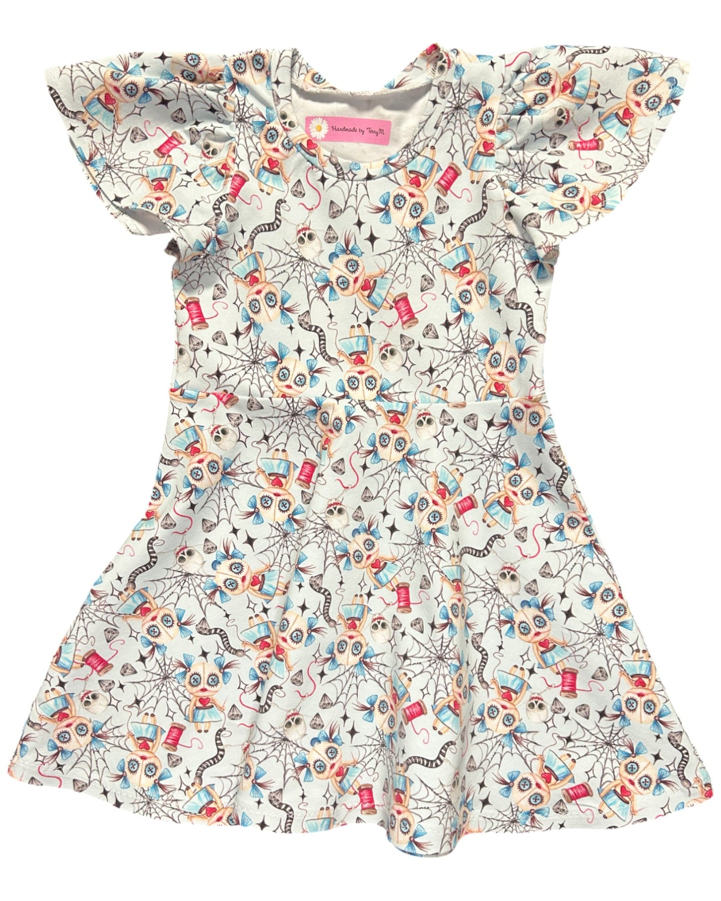 Voodoo doll girls dress – size 3
Handmade quirky skater dress for kids