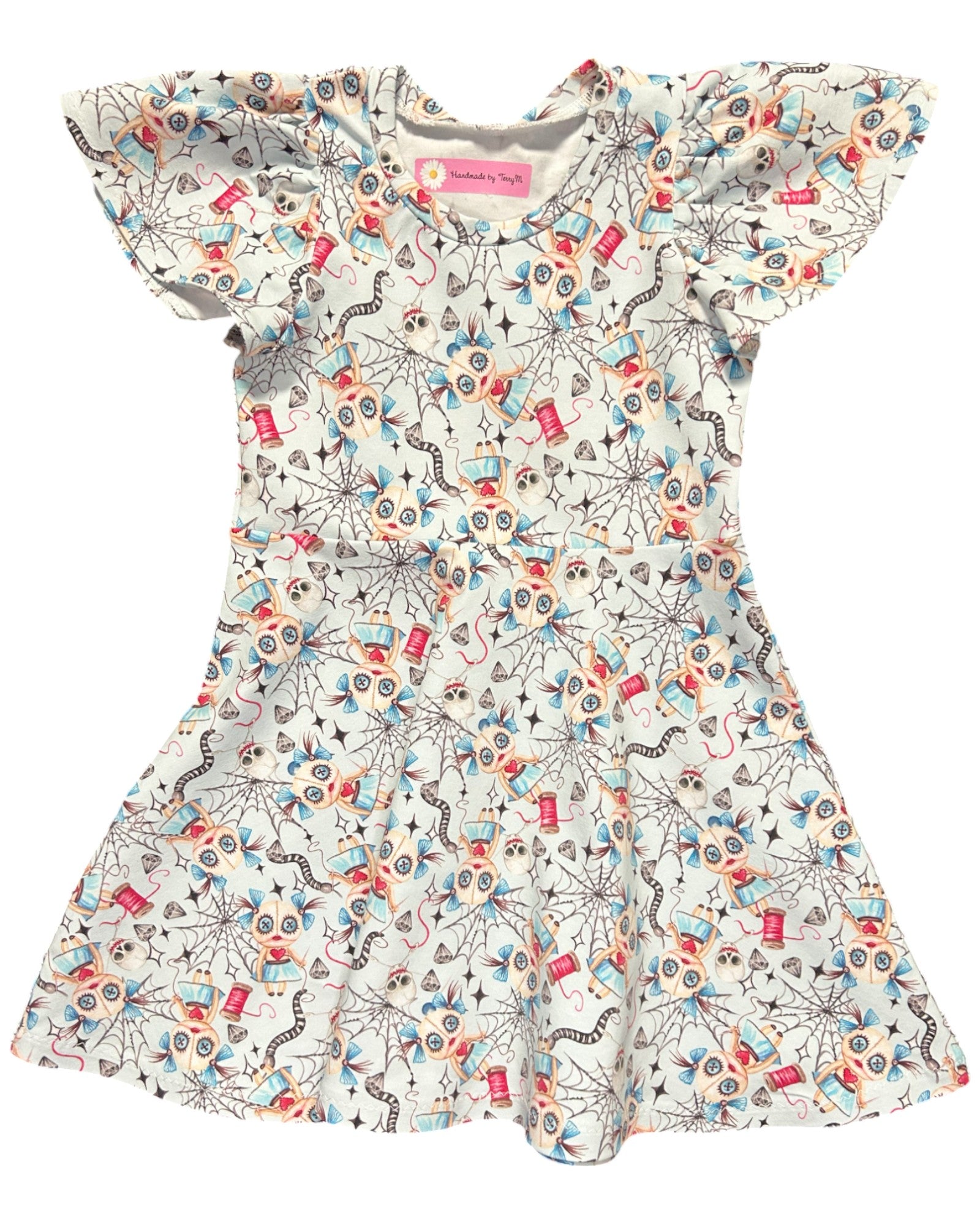 Voodoo doll girls dress – size 3
Handmade quirky skater dress for kids