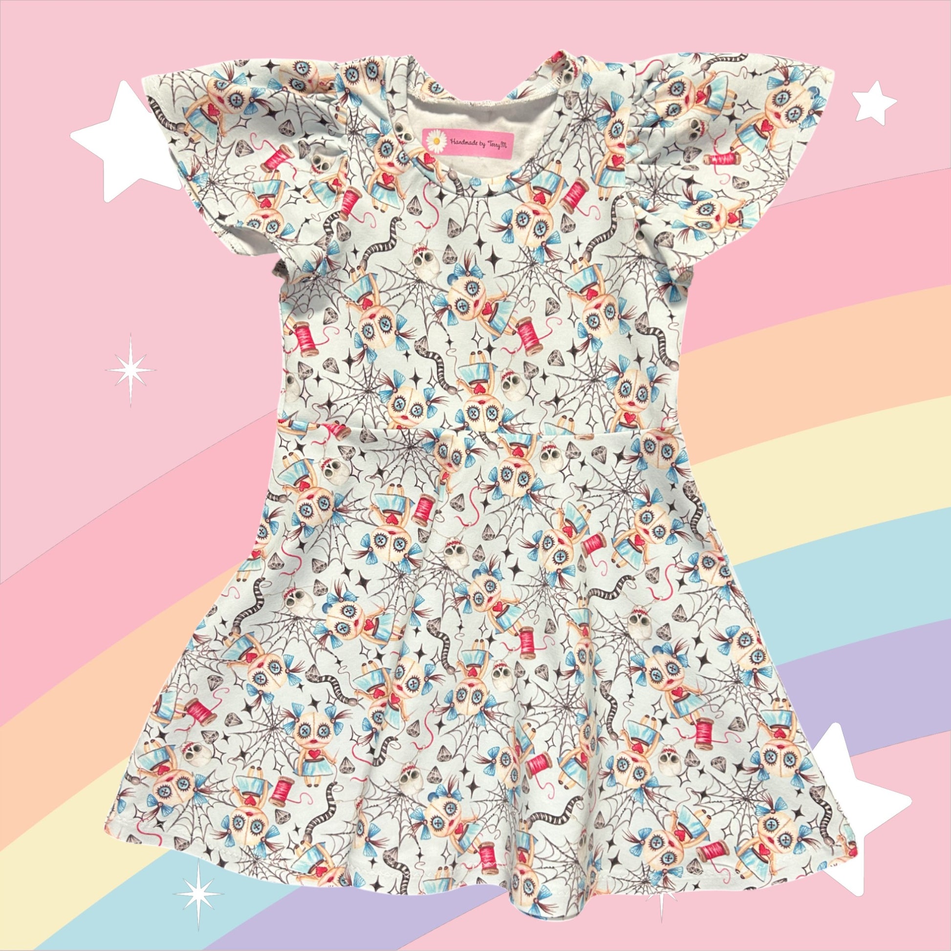 Voodoo doll girls dress – size 3
Handmade quirky skater dress for kids
