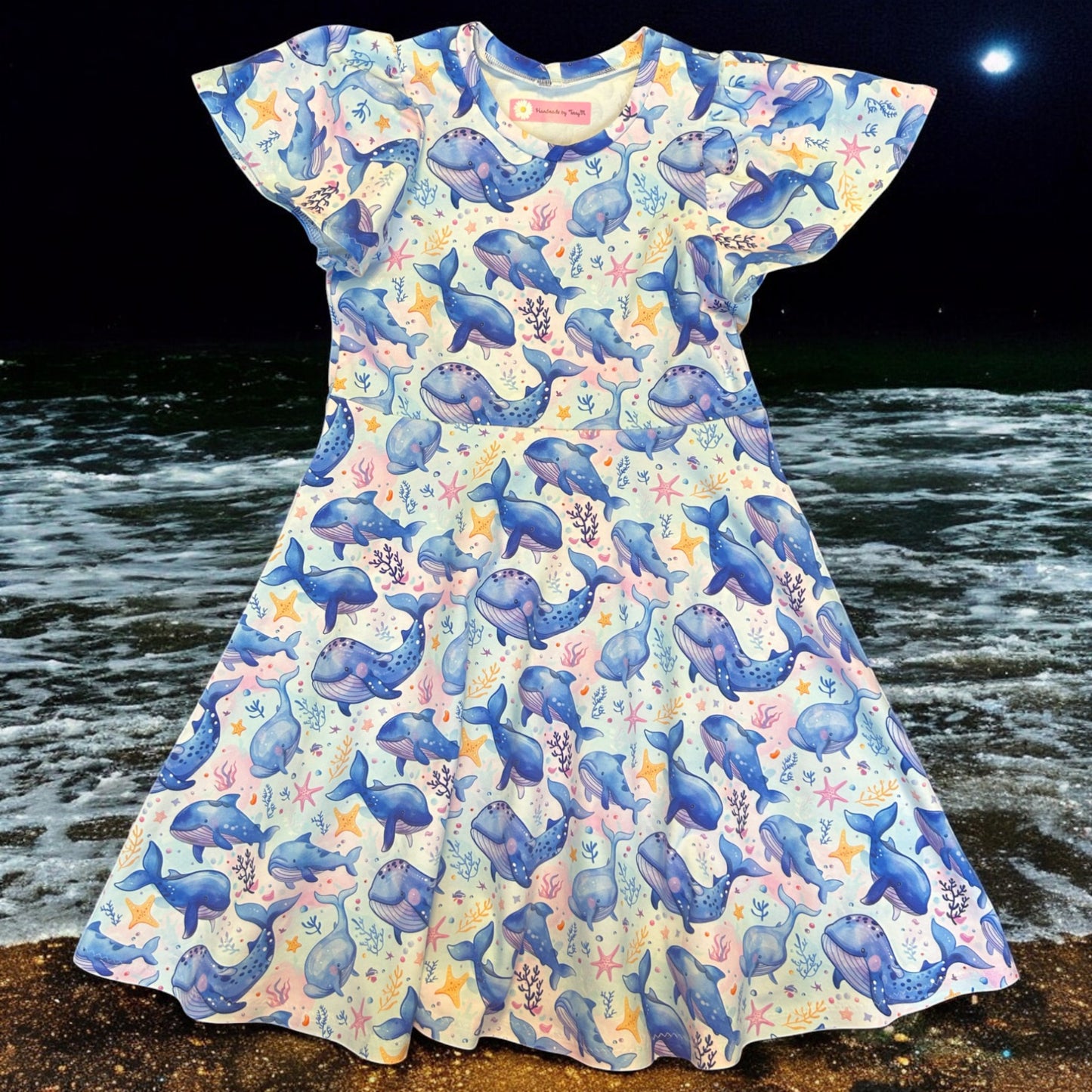 Whale print girls dress – size 7
Handmade ocean skater dress
