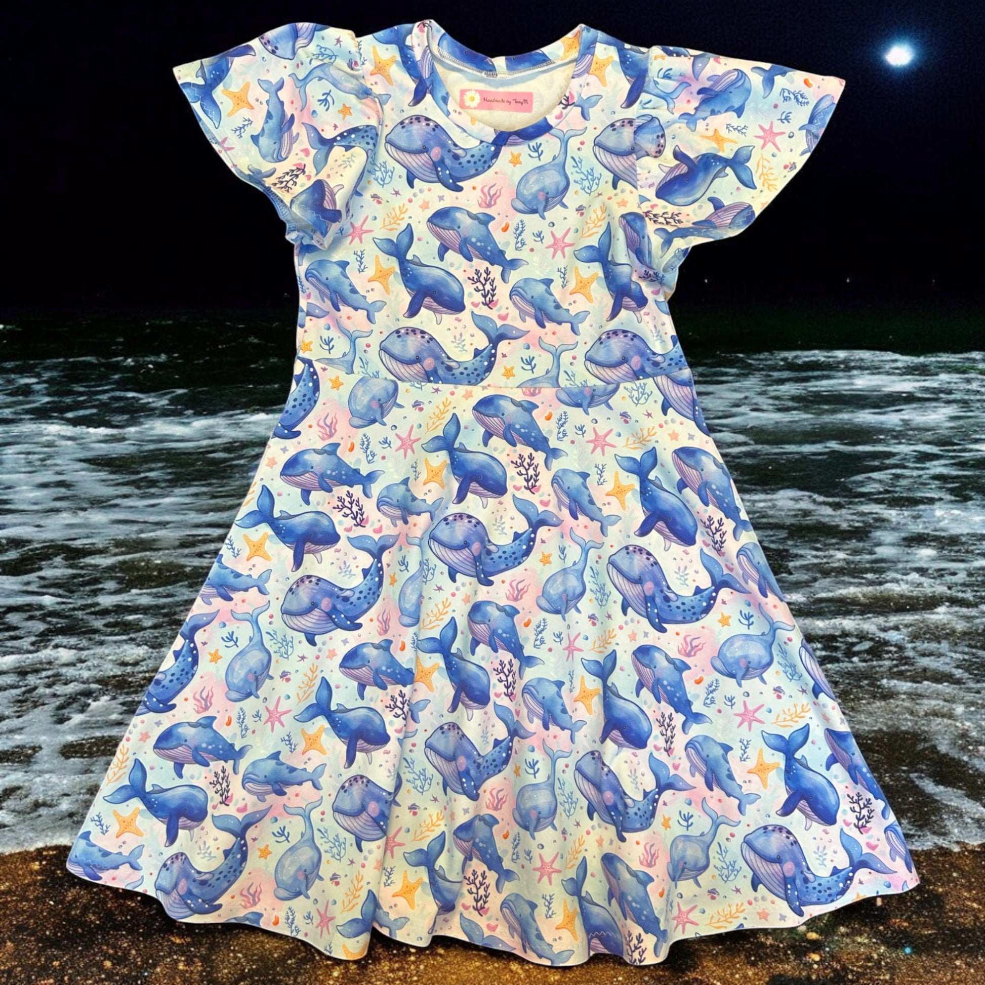 Whale print girls dress – size 7
Handmade ocean skater dress
