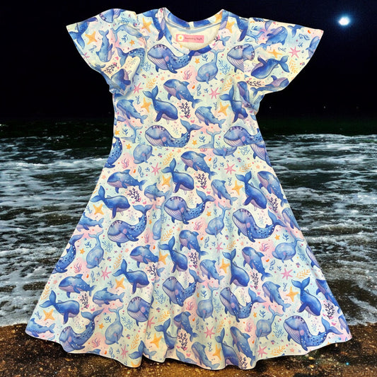 Whale print girls dress – size 7
Handmade ocean skater dress
